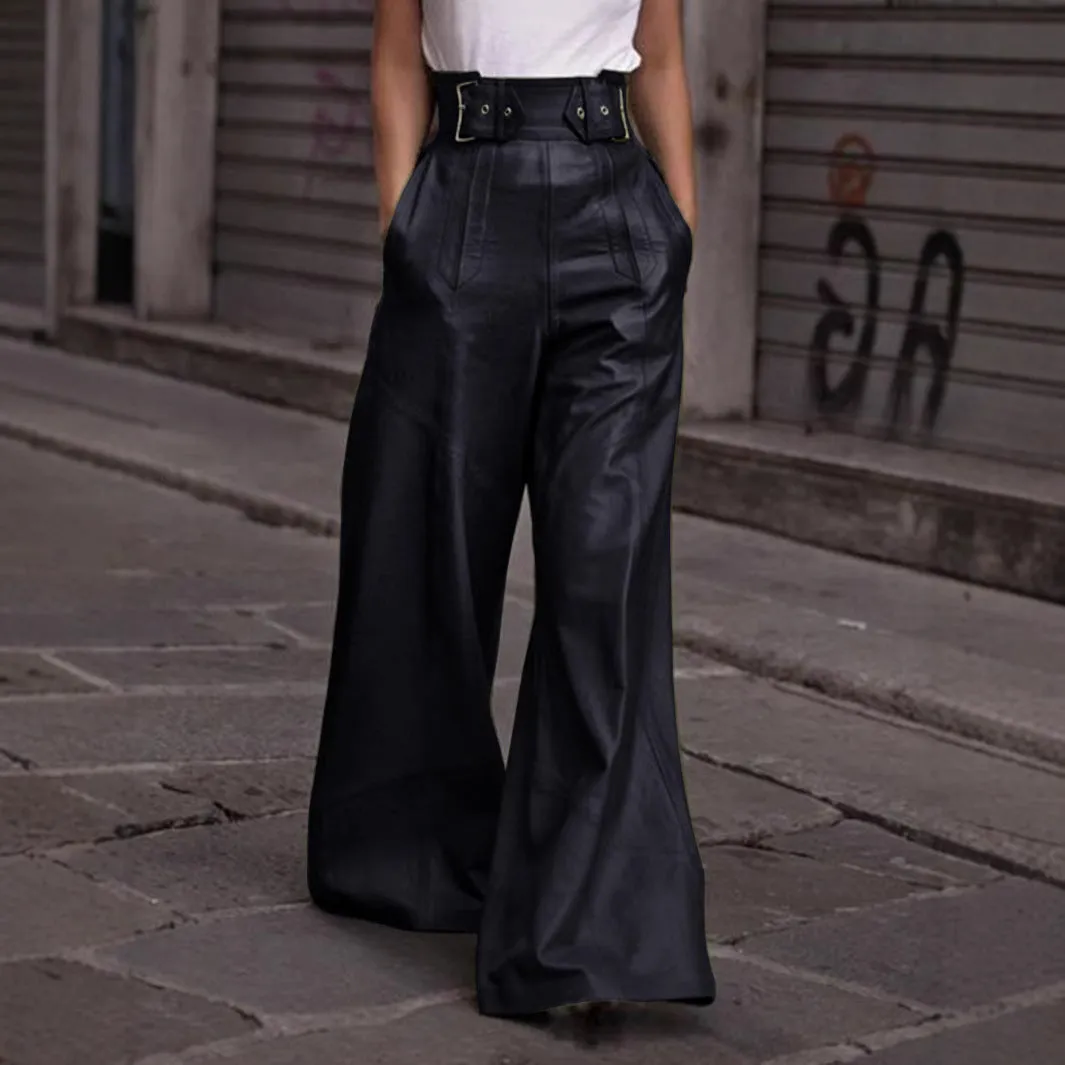 Chic High-Waist PU Leather Bell Bottom Pants with Sleek Pocket Detail