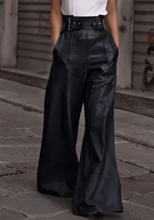 Chic High-Waist PU Leather Bell Bottom Pants with Sleek Pocket Detail