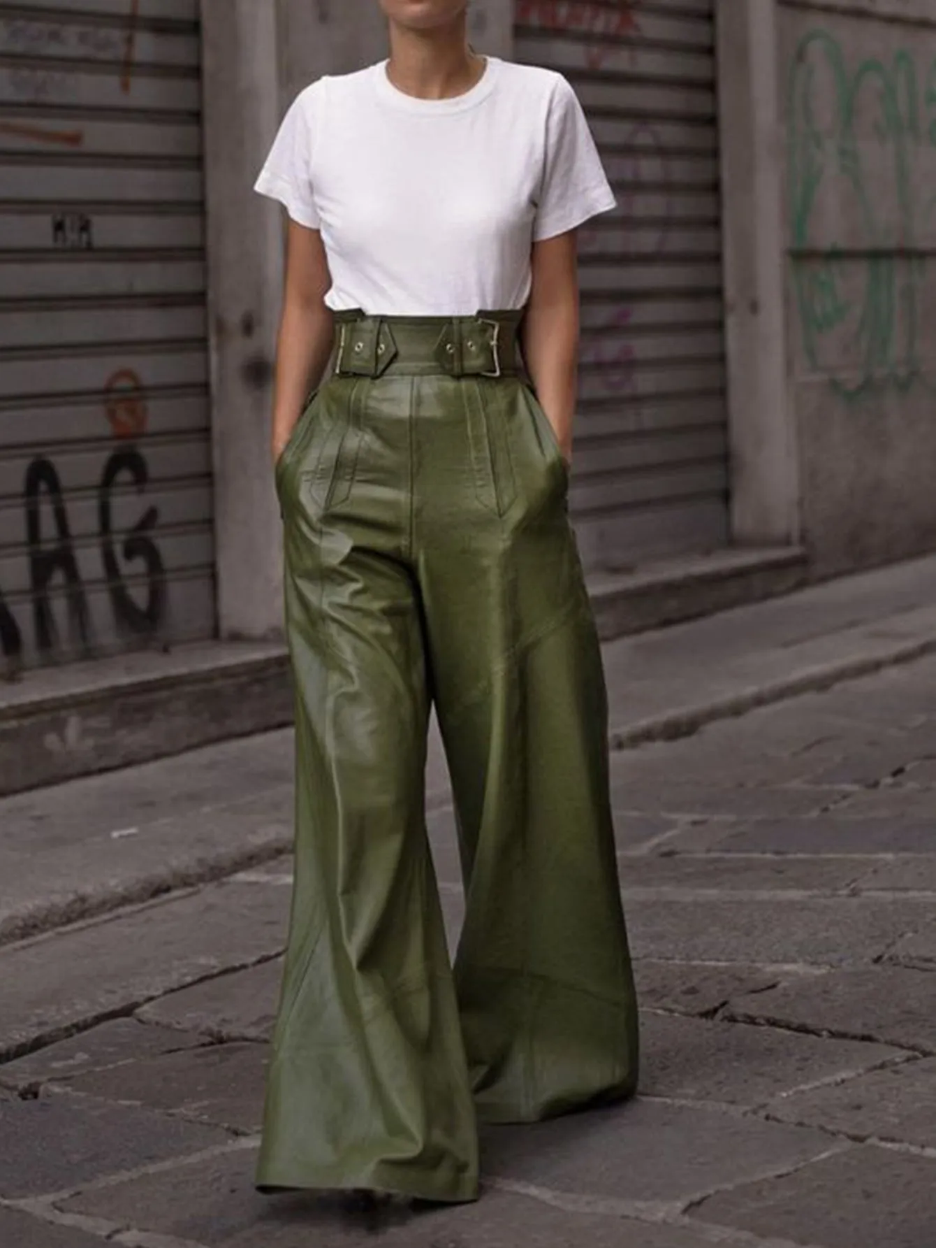 Chic High-Waist PU Leather Bell Bottom Pants with Sleek Pocket Detail