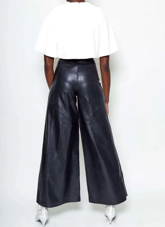 Chic High-Waist PU Leather Bell Bottom Pants with Sleek Pocket Detail