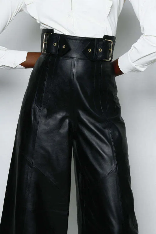Chic High-Waist PU Leather Bell Bottom Pants with Sleek Pocket Detail