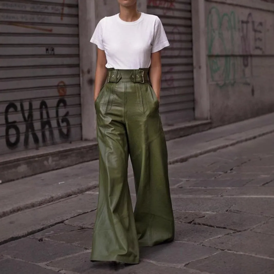 Chic High-Waist PU Leather Bell Bottom Pants with Sleek Pocket Detail
