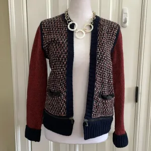 CLUB MONACO red and navy knit cardigan sweater.  S