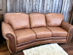 Custom 3-Seat Curved El Dorado Sofa in Fargo Whiskey, Brown Croc, & Hair on Hide