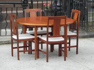 DANISH MODERN TEAK DINING SET, 100% RESTORED, 2 LEAVES & 4 REUPHOLSTERED CHAIRS