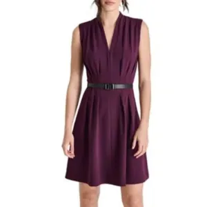 DKNY Sleeveless Belted Fit &amp; Flare Dress In Raisin