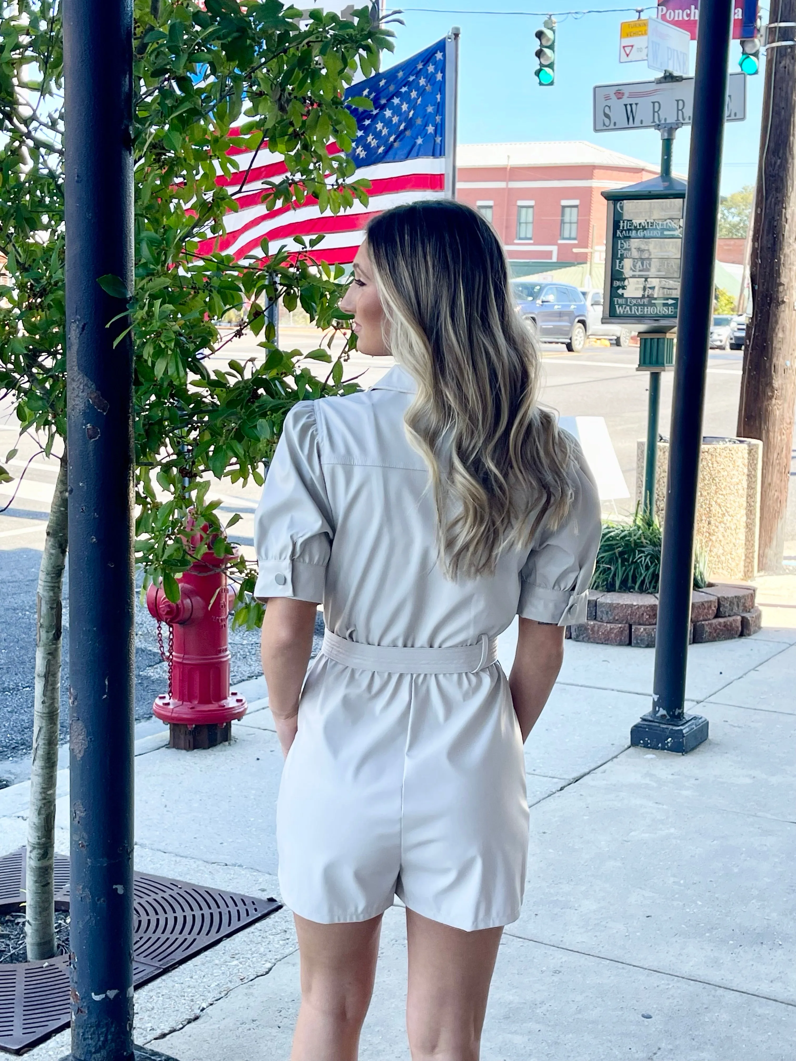 Ecru PU Short Sleeve Romper
