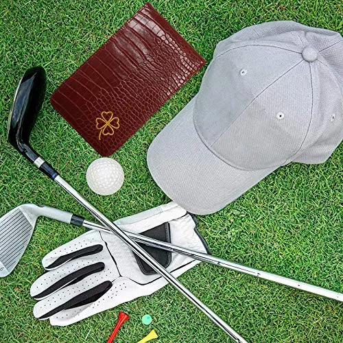 FINGER TEN Golf Scorecard Holder Yardage Cover with 2 Free Golf Pencil Pack, Deluxe Color Black Blue Brown Gift Lucky Clover (Red-Lucky Clover)