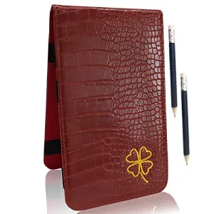 FINGER TEN Golf Scorecard Holder Yardage Cover with 2 Free Golf Pencil Pack, Deluxe Color Black Blue Brown Gift Lucky Clover (Red-Lucky Clover)