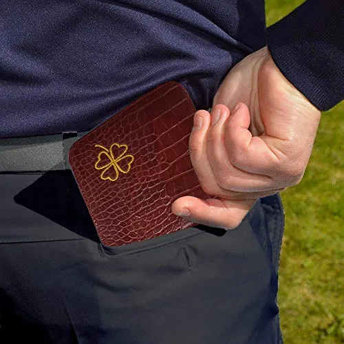 FINGER TEN Golf Scorecard Holder Yardage Cover with 2 Free Golf Pencil Pack, Deluxe Color Black Blue Brown Gift Lucky Clover (Red-Lucky Clover)