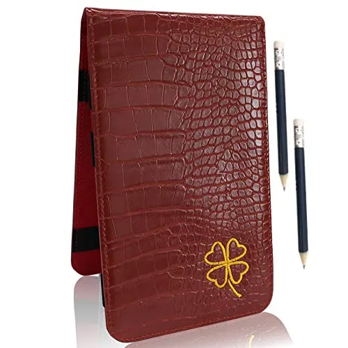 FINGER TEN Golf Scorecard Holder Yardage Cover with 2 Free Golf Pencil Pack, Deluxe Color Black Blue Brown Gift Lucky Clover (Red-Lucky Clover)