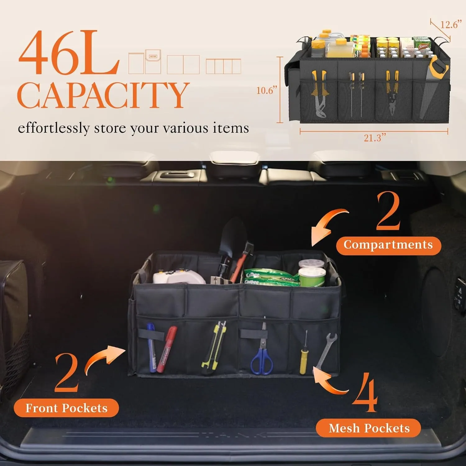 Foldable Trunk Organizer for Car, Fit SUVs & Sedans - Black, 2 Compartments, 21.3"×12.6"×10.6"