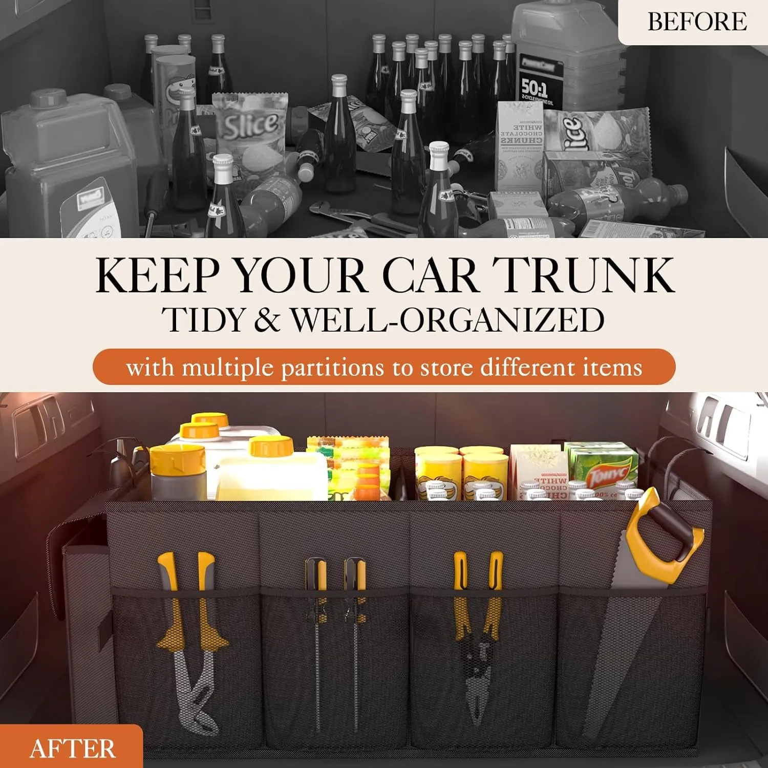 Foldable Trunk Organizer for Car, Fit SUVs & Sedans - Black, 2 Compartments, 21.3"×12.6"×10.6"