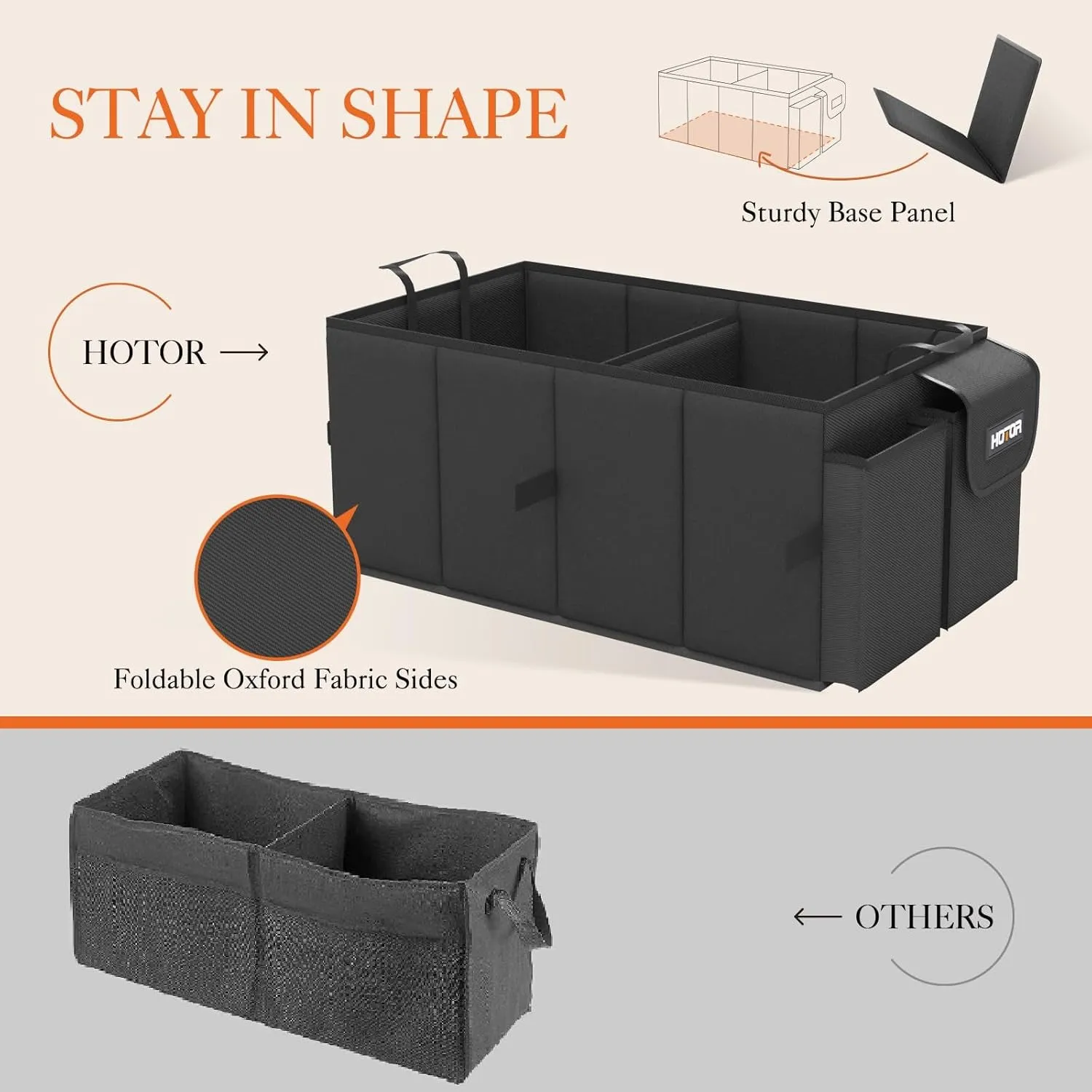 Foldable Trunk Organizer for Car, Fit SUVs & Sedans - Black, 2 Compartments, 21.3"×12.6"×10.6"