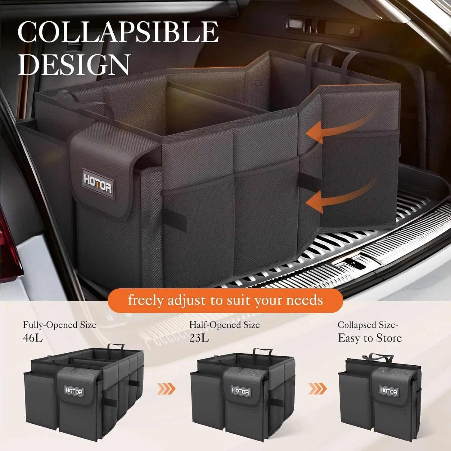 Foldable Trunk Organizer for Car, Fit SUVs & Sedans - Black, 2 Compartments, 21.3"×12.6"×10.6"