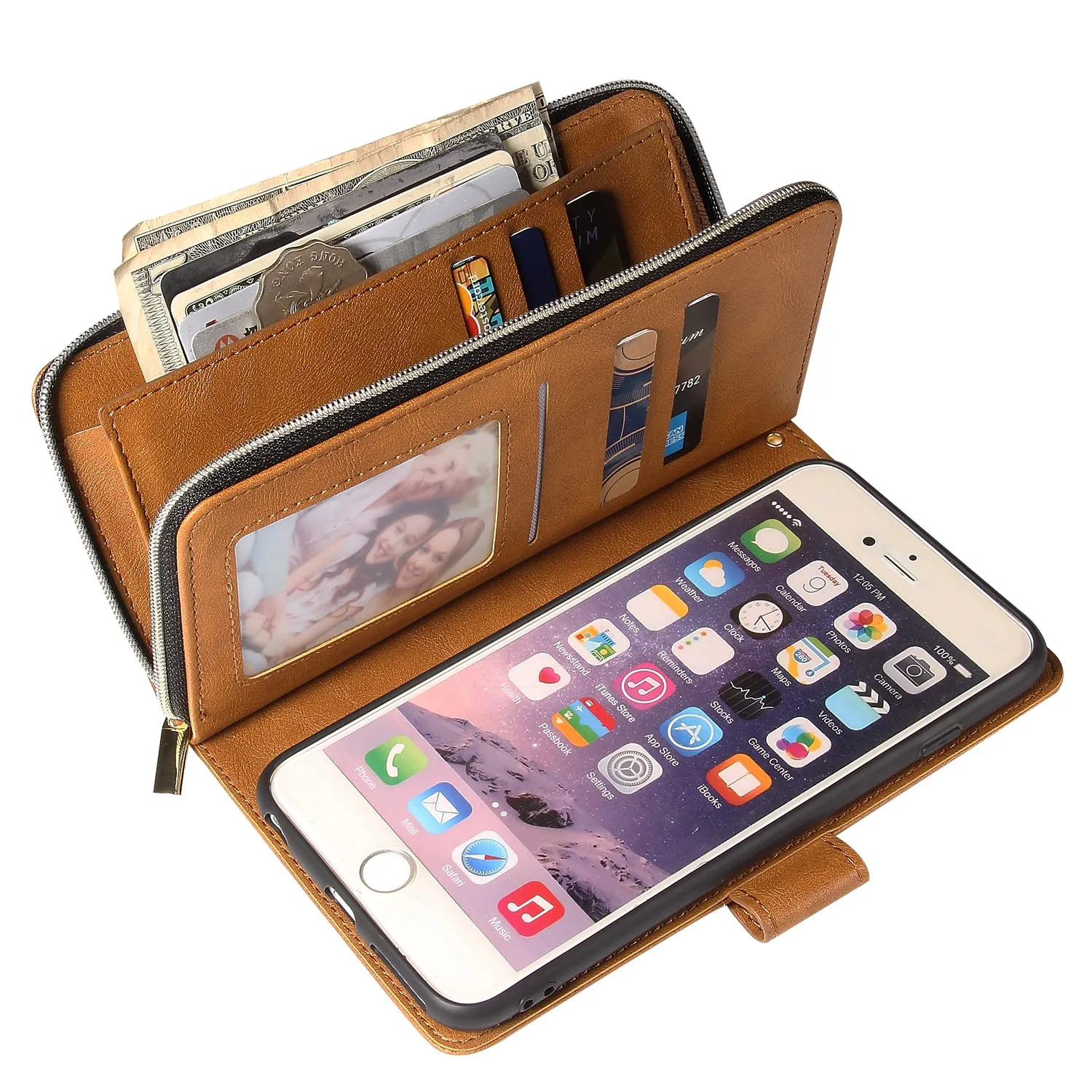 For Iphone 6/6s/6 Plus/6s Plus/7 Plus/8 Plus Pu Leather  Mobile Phone Cover Zipper Card Bag   Wrist Strap brown