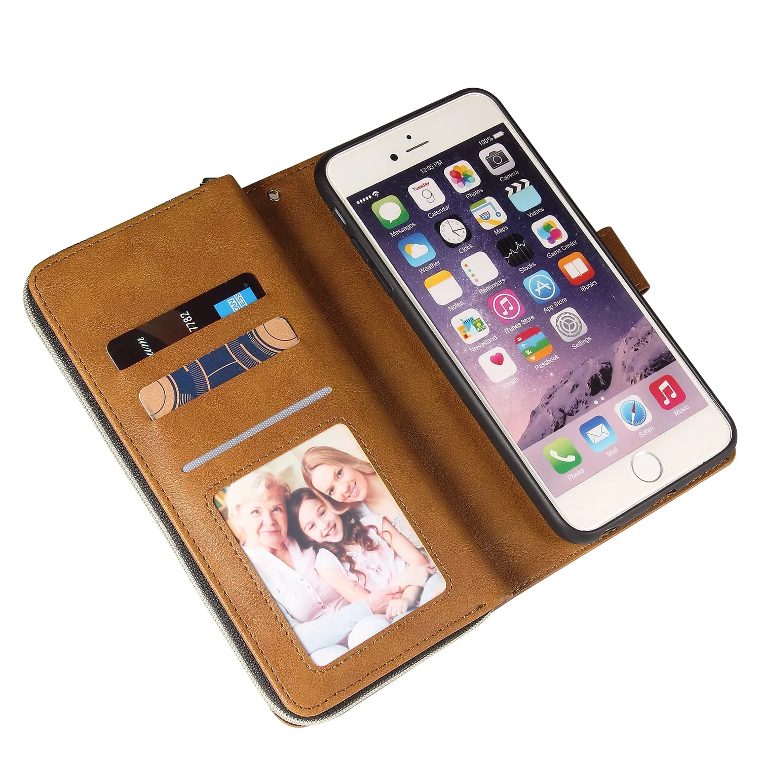 For Iphone 6/6s/6 Plus/6s Plus/7 Plus/8 Plus Pu Leather  Mobile Phone Cover Zipper Card Bag   Wrist Strap brown