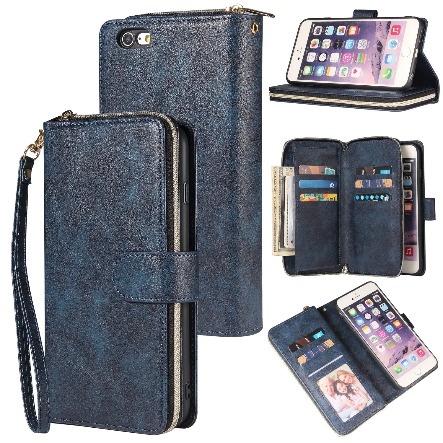 For Iphone 6/6s/6 Plus/6s Plus/7 Plus/8 Plus Pu Leather  Mobile Phone Cover Zipper Card Bag   Wrist Strap brown