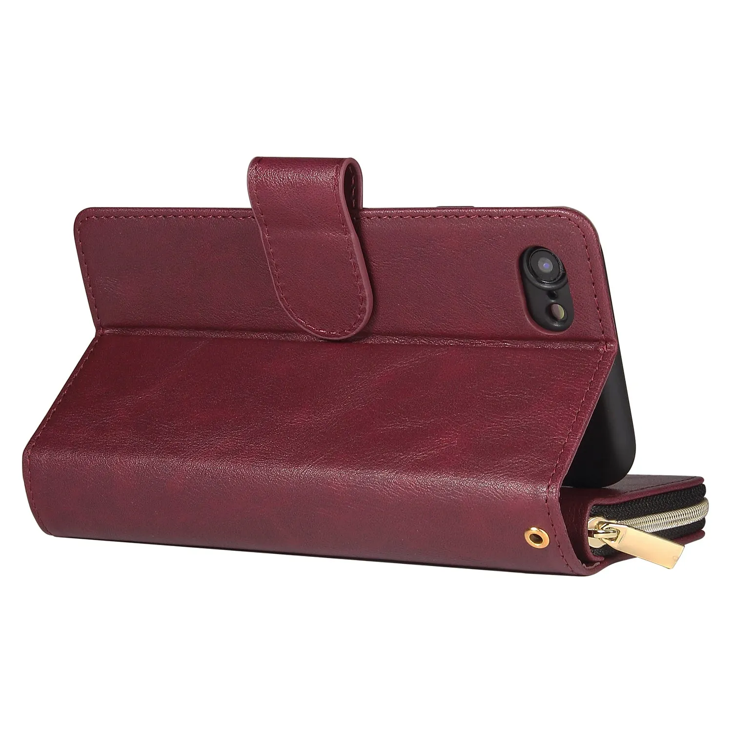 For Iphone 6/6s/6 Plus/6s Plus/7 Plus/8 Plus Pu Leather  Mobile Phone Cover Zipper Card Bag   Wrist Strap Red wine