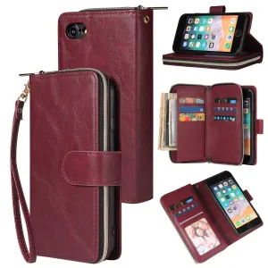 For Iphone 6/6s/6 Plus/6s Plus/7 Plus/8 Plus Pu Leather  Mobile Phone Cover Zipper Card Bag   Wrist Strap Red wine