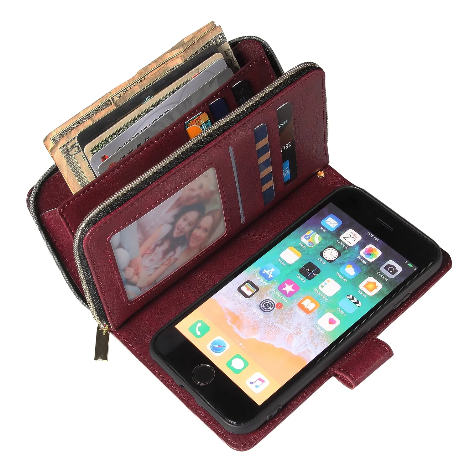 For Iphone 6/6s/6 Plus/6s Plus/7 Plus/8 Plus Pu Leather  Mobile Phone Cover Zipper Card Bag   Wrist Strap Red wine