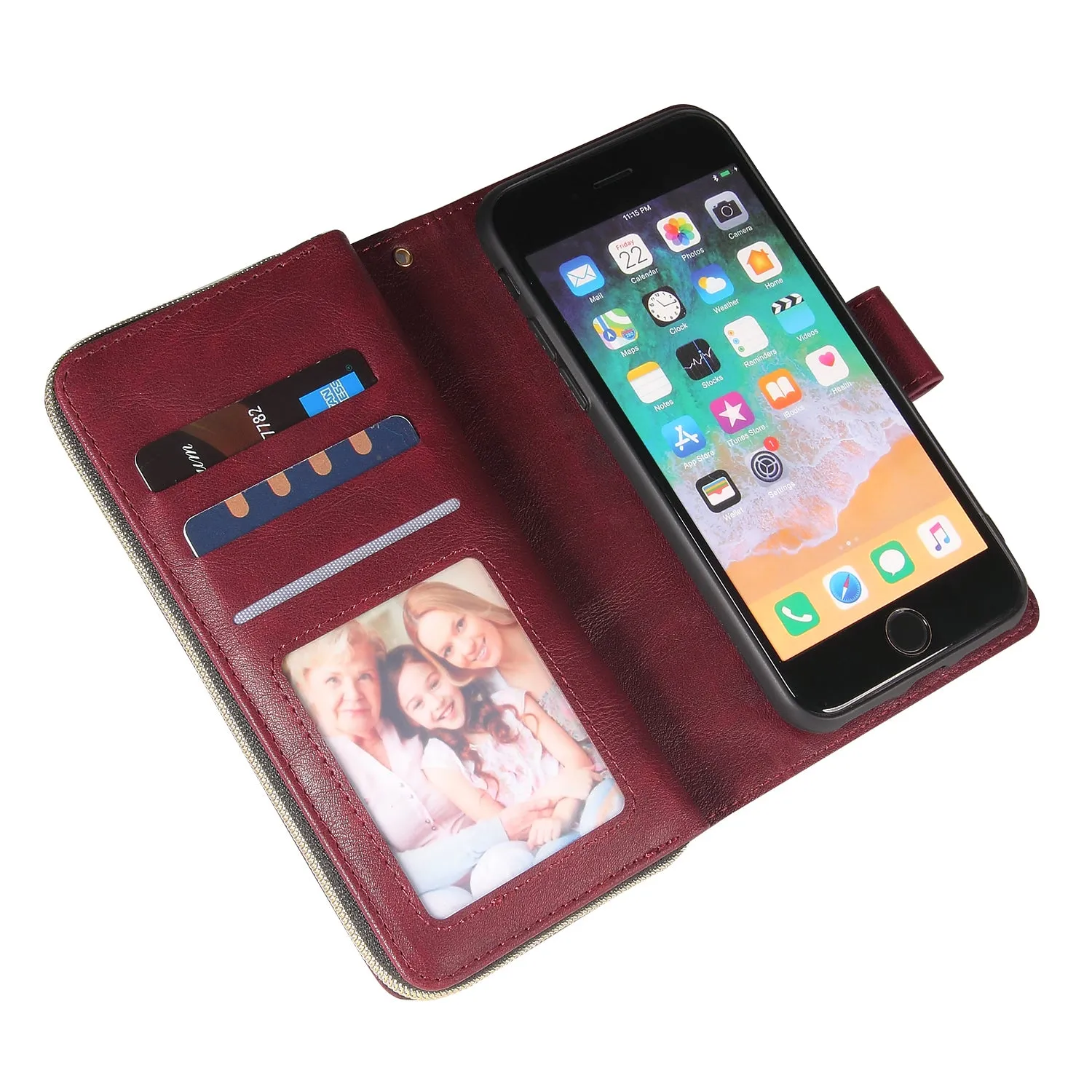 For Iphone 6/6s/6 Plus/6s Plus/7 Plus/8 Plus Pu Leather  Mobile Phone Cover Zipper Card Bag   Wrist Strap Red wine