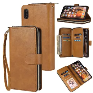 For iphone X/XS/XS MAX/11/11Pro Pu Leather  Mobile Phone Cover Zipper Card Bag   Wrist Strap brown