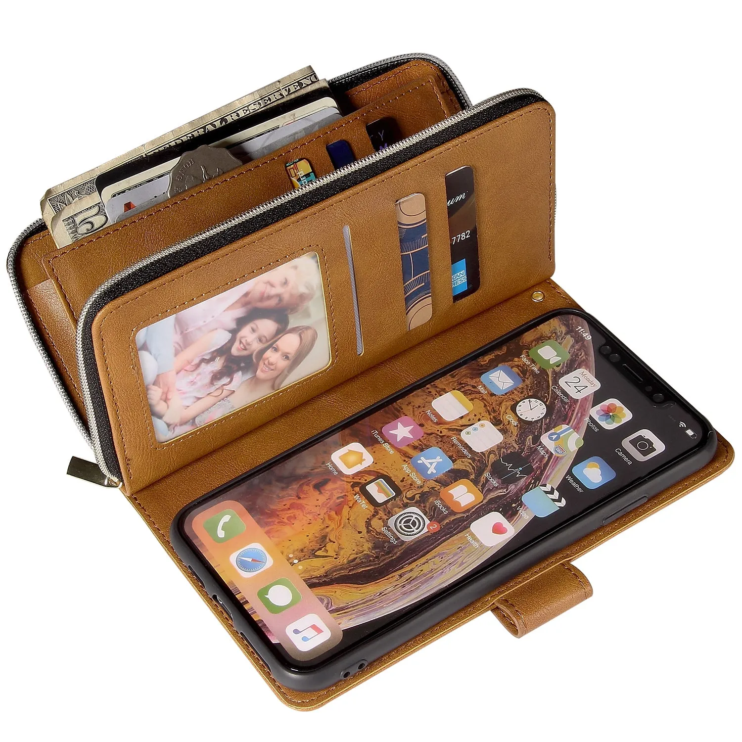 For iphone X/XS/XS MAX/11/11Pro Pu Leather  Mobile Phone Cover Zipper Card Bag   Wrist Strap brown