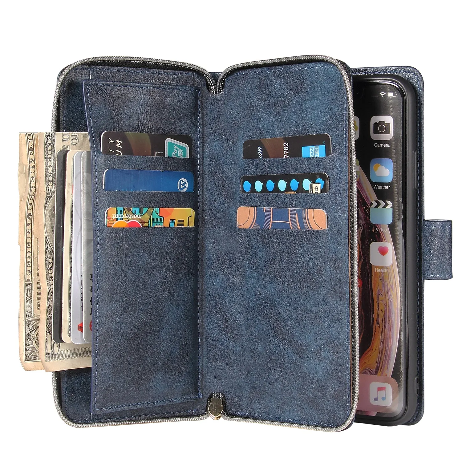 For iphone X/XS/XS MAX/11/11Pro Pu Leather  Mobile Phone Cover Zipper Card Bag   Wrist Strap brown