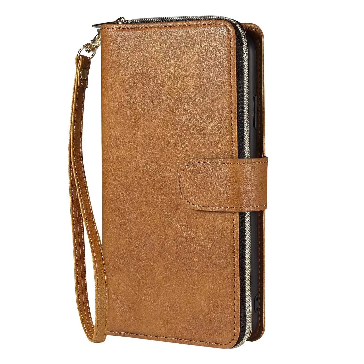 For iphone X/XS/XS MAX/11/11Pro Pu Leather  Mobile Phone Cover Zipper Card Bag   Wrist Strap brown