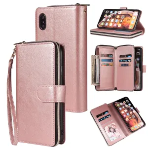 For iphone X/XS/XS MAX/11/11Pro Pu Leather  Mobile Phone Cover Zipper Card Bag   Wrist Strap Rose gold
