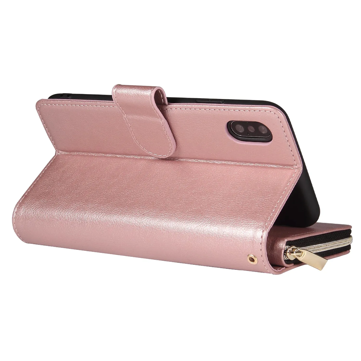 For iphone X/XS/XS MAX/11/11Pro Pu Leather  Mobile Phone Cover Zipper Card Bag   Wrist Strap Rose gold