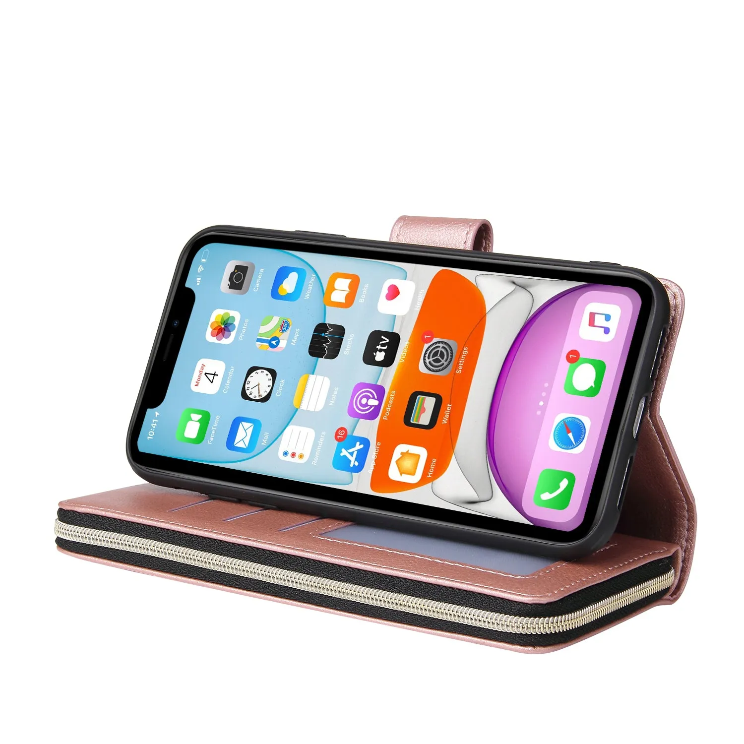 For iphone X/XS/XS MAX/11/11Pro Pu Leather  Mobile Phone Cover Zipper Card Bag   Wrist Strap Rose gold