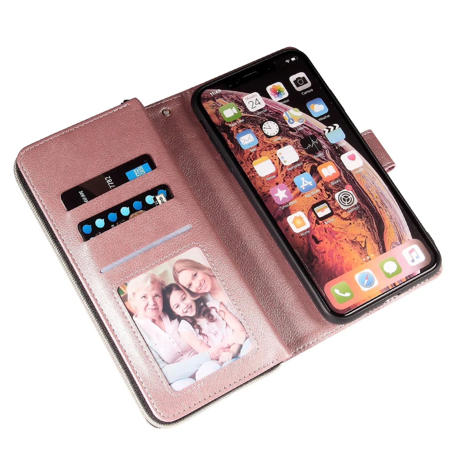 For iphone X/XS/XS MAX/11/11Pro Pu Leather  Mobile Phone Cover Zipper Card Bag   Wrist Strap Rose gold