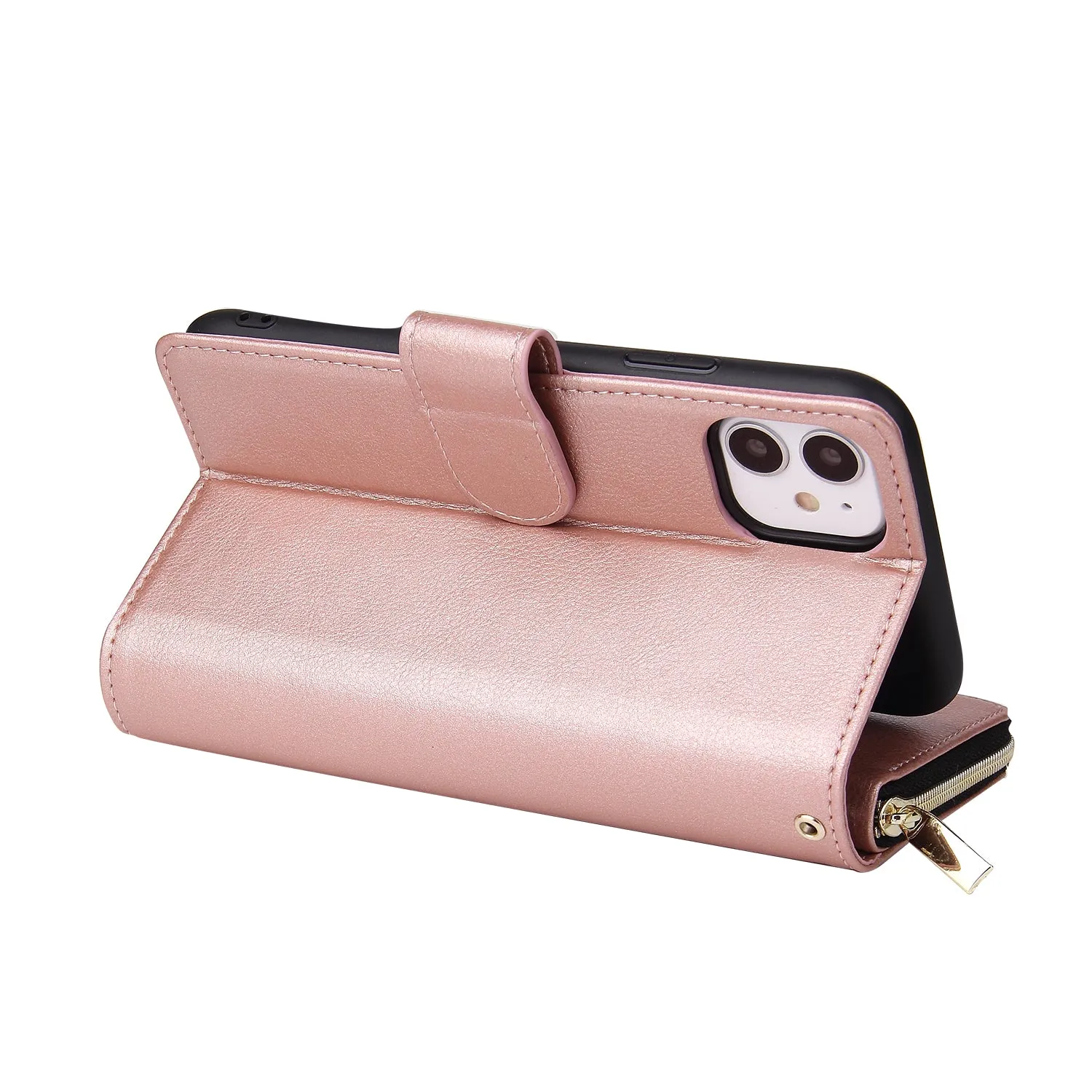 For iphone X/XS/XS MAX/11/11Pro Pu Leather  Mobile Phone Cover Zipper Card Bag   Wrist Strap Rose gold