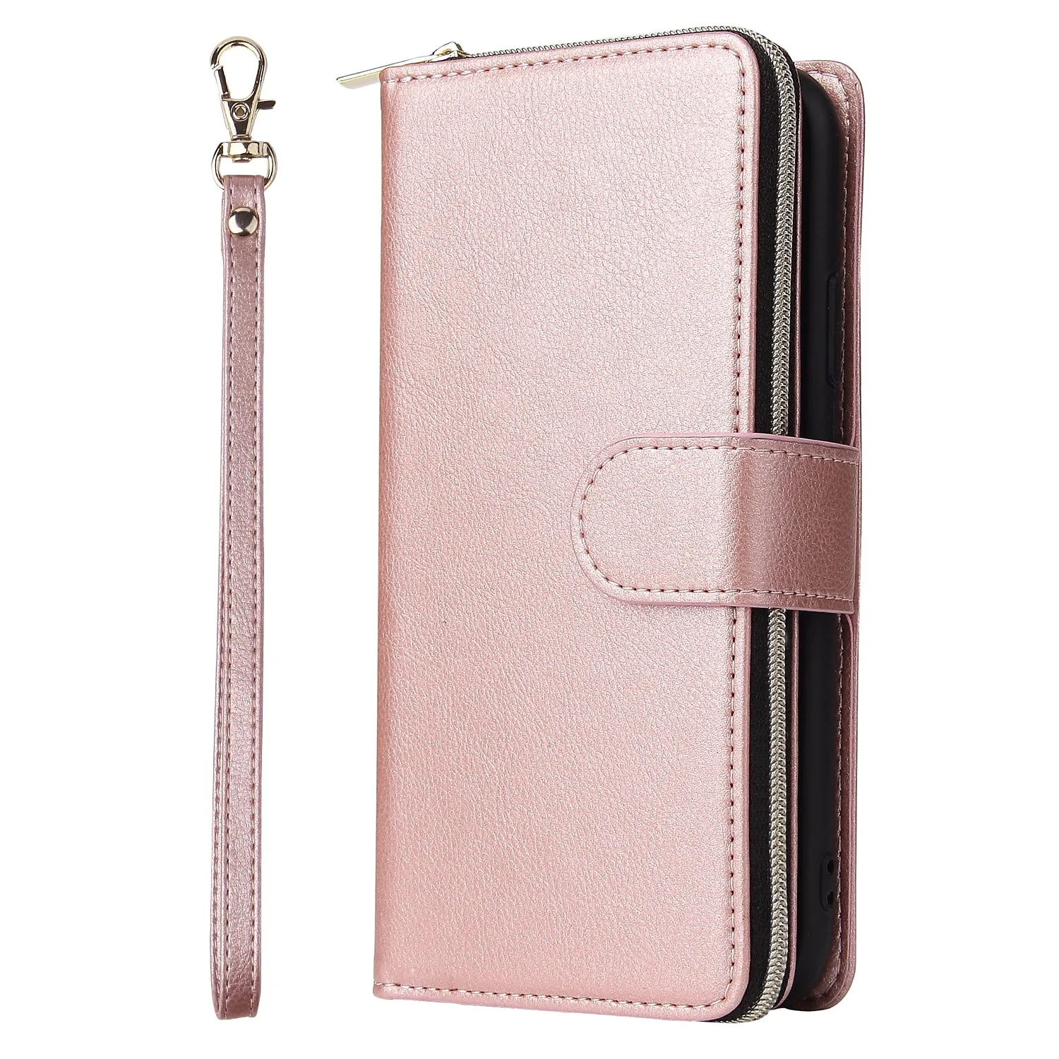 For iphone X/XS/XS MAX/11/11Pro Pu Leather  Mobile Phone Cover Zipper Card Bag   Wrist Strap Rose gold