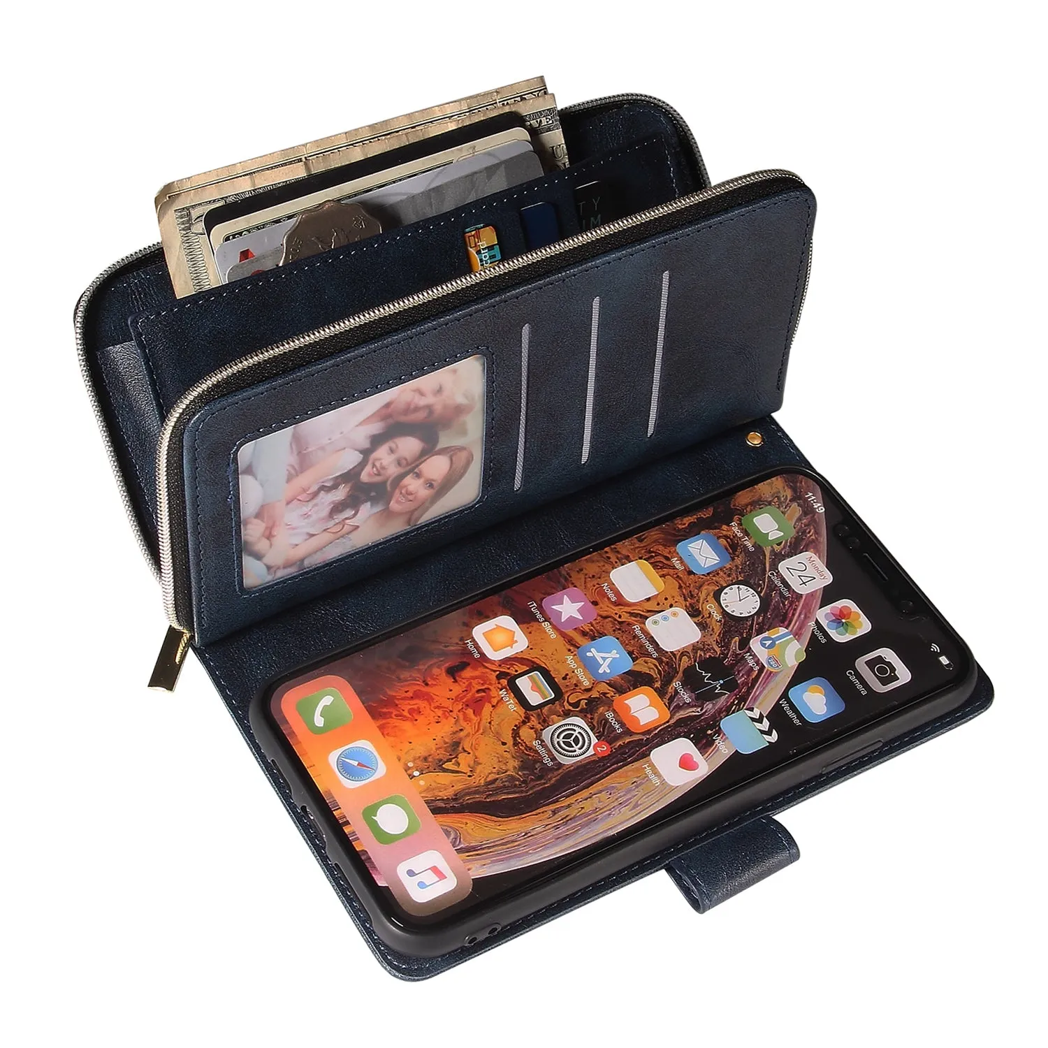 For iphone X/XS/XS MAX/11/11Pro Pu Leather  Mobile Phone Cover Zipper Card Bag   Wrist Strap Rose gold