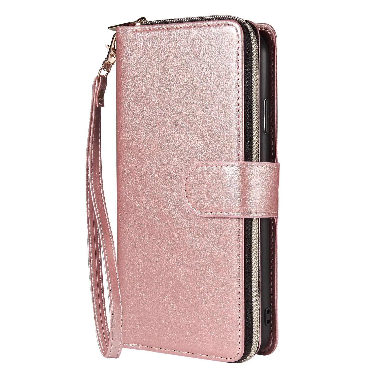 For iphone X/XS/XS MAX/11/11Pro Pu Leather  Mobile Phone Cover Zipper Card Bag   Wrist Strap Rose gold
