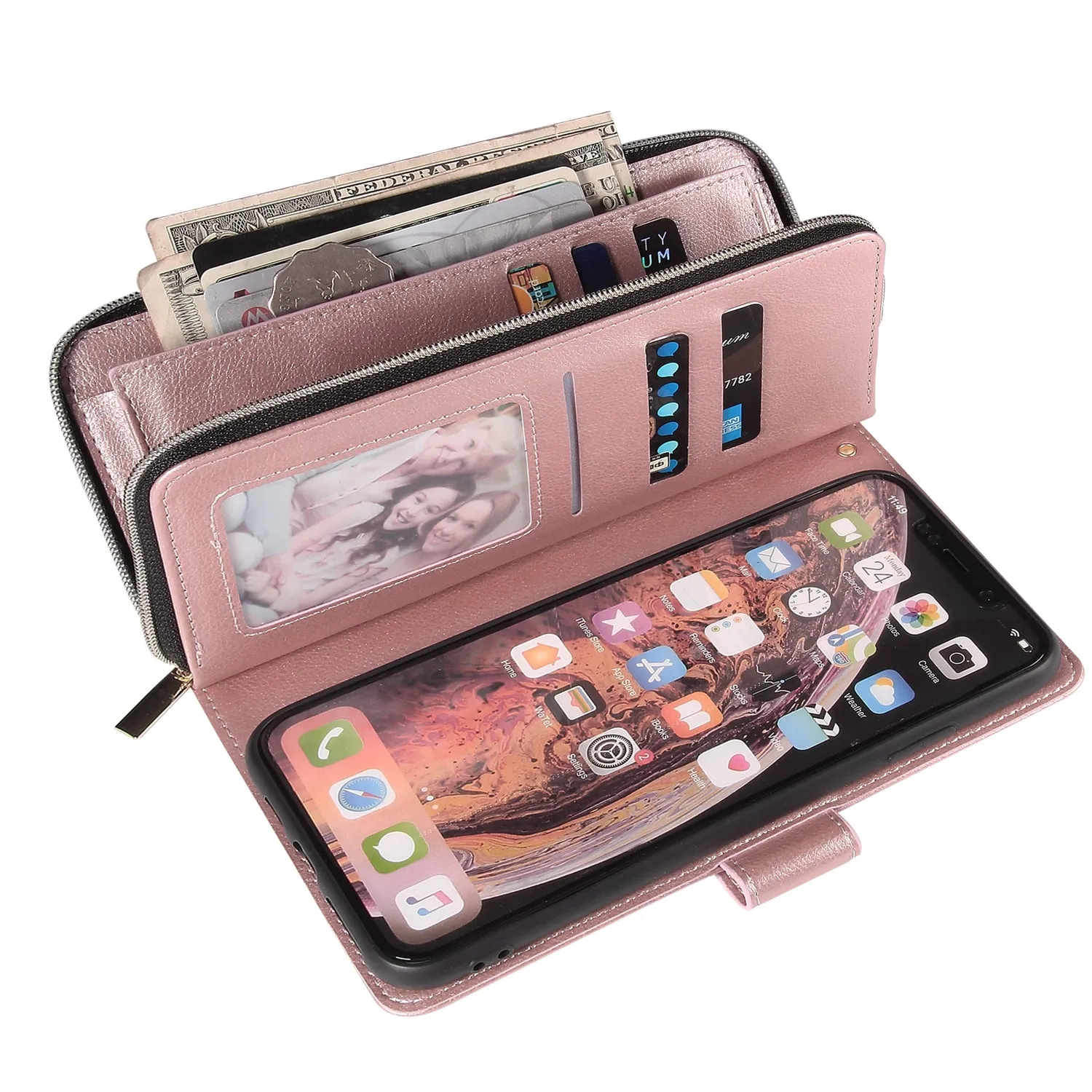For iphone X/XS/XS MAX/11/11Pro Pu Leather  Mobile Phone Cover Zipper Card Bag   Wrist Strap Rose gold