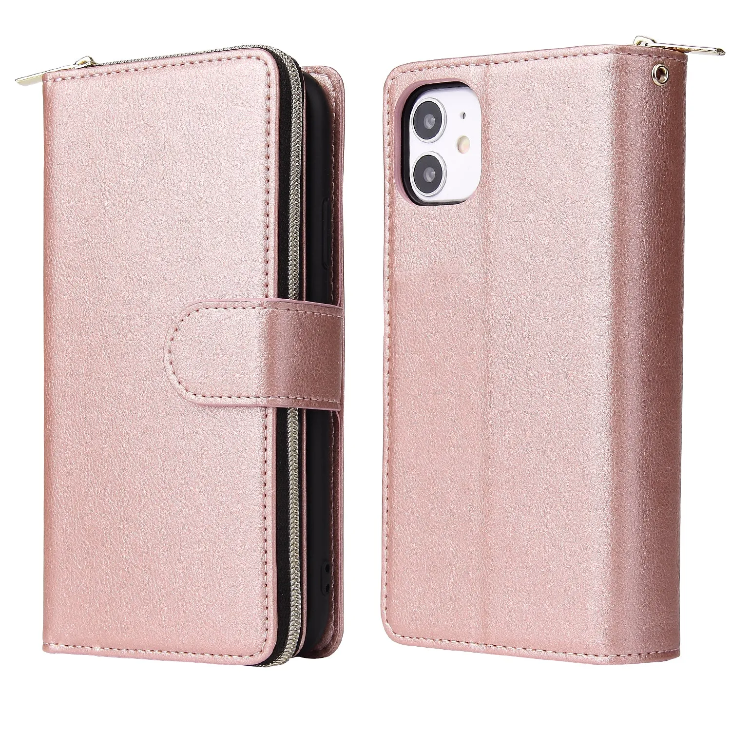 For iphone X/XS/XS MAX/11/11Pro Pu Leather  Mobile Phone Cover Zipper Card Bag   Wrist Strap Rose gold