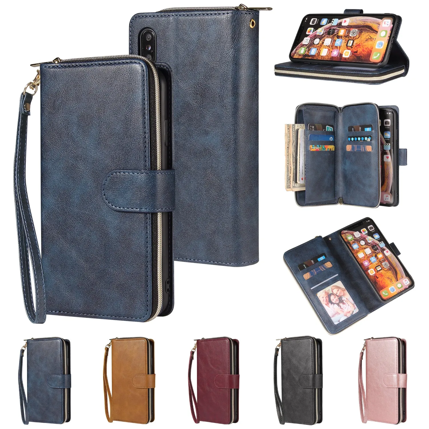 For iphone X/XS/XS MAX/11/11Pro Pu Leather  Mobile Phone Cover Zipper Card Bag   Wrist Strap Rose gold