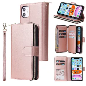 For iphone X/XS/XS MAX/11/11Pro Pu Leather  Mobile Phone Cover Zipper Card Bag   Wrist Strap Rose gold