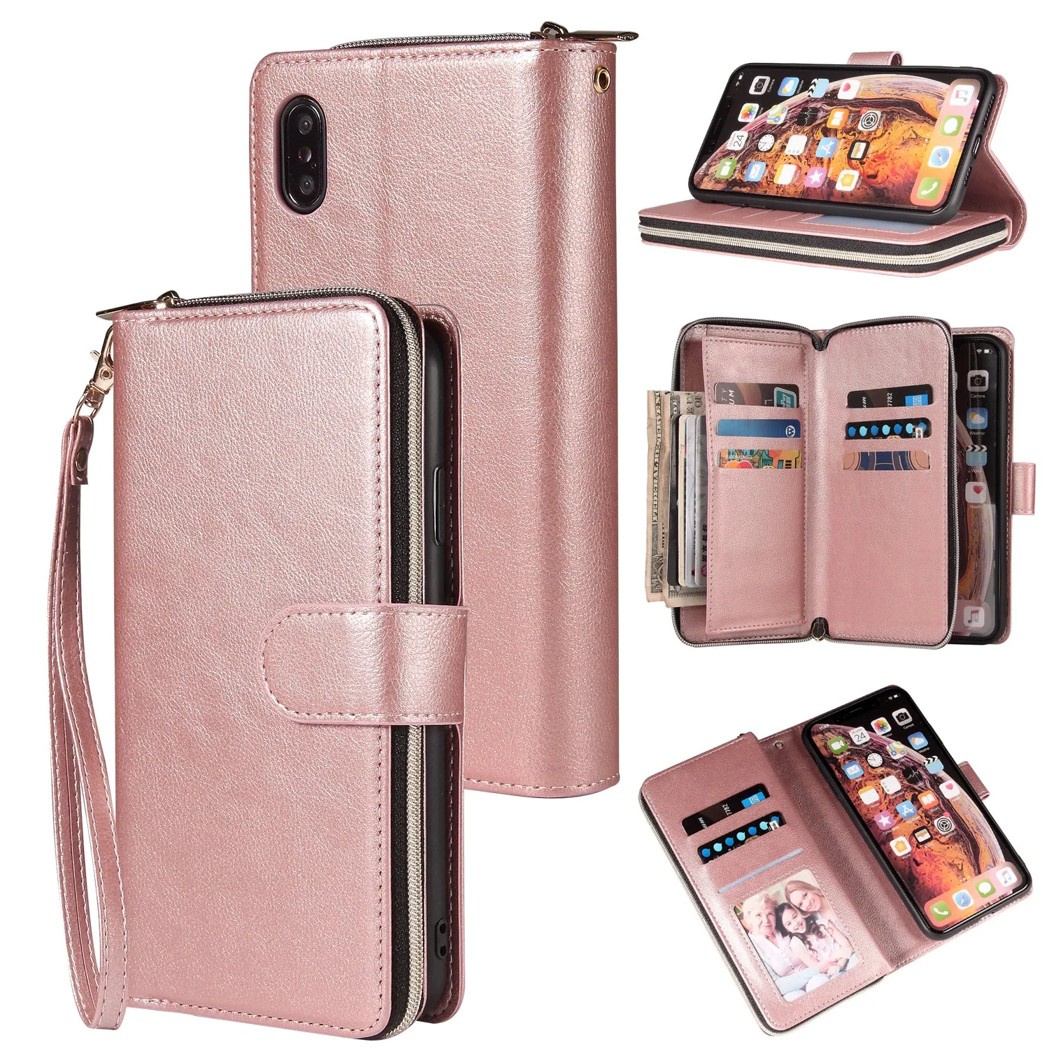 For iphone X/XS/XS MAX/11/11Pro Pu Leather  Mobile Phone Cover Zipper Card Bag   Wrist Strap Rose gold