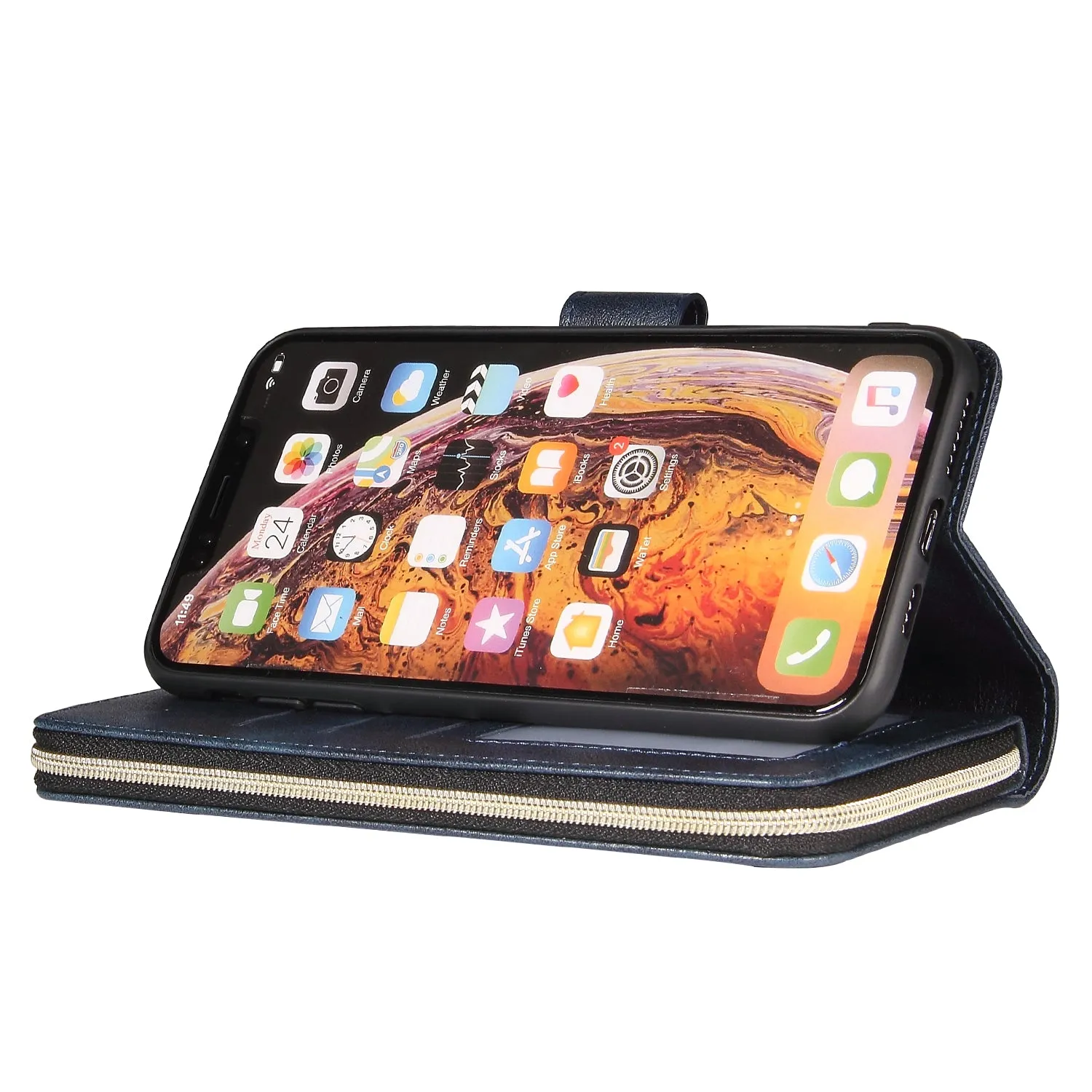 For iphone X/XS/XS MAX/11/11Pro Pu Leather  Mobile Phone Cover Zipper Card Bag   Wrist Strap Rose gold
