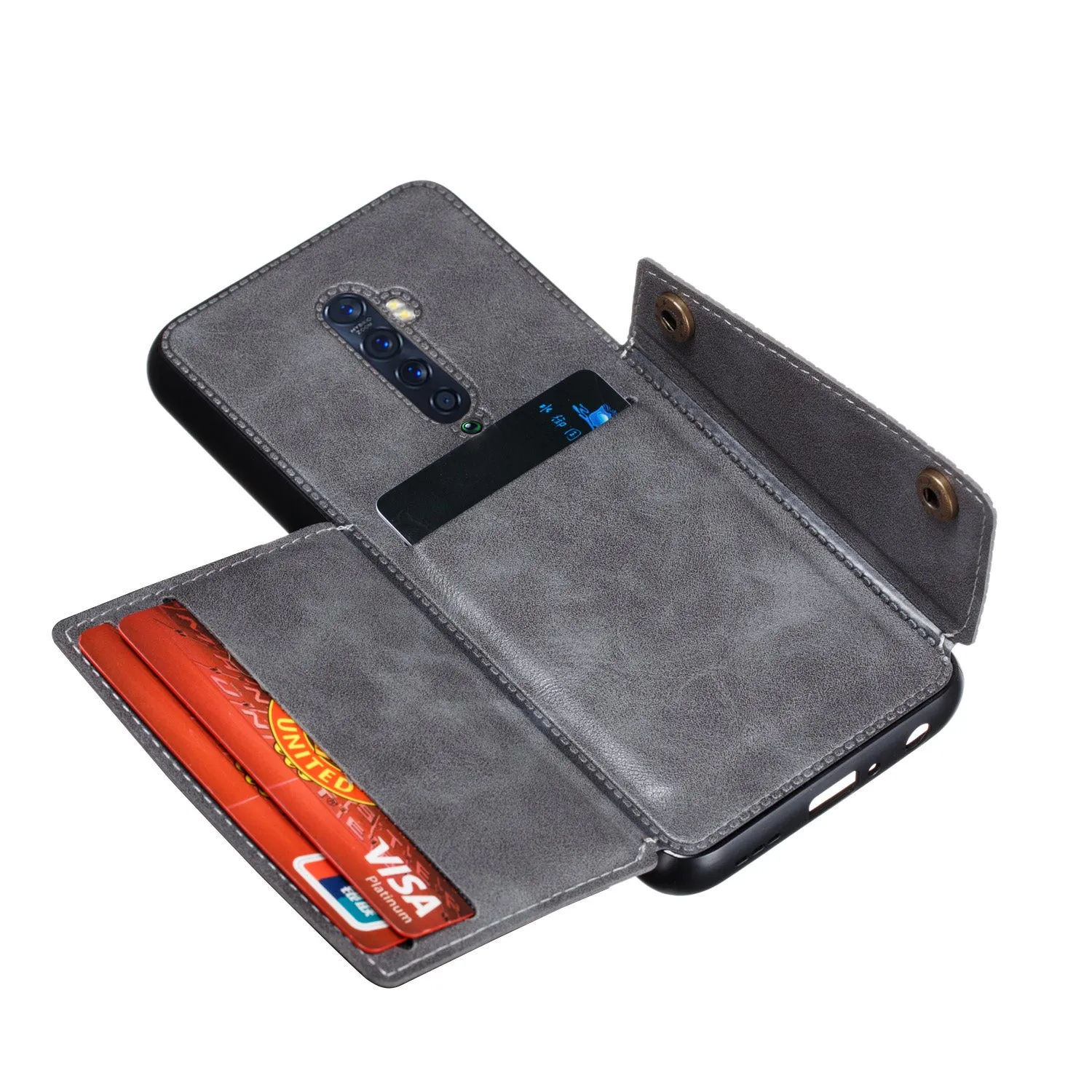 For OPPO A9 2020/Realme XT/Reno 2 Mobile Phone Shell Classic Textured Pattern Buckle Closure Design Anti-fall Smartphone Case  gray
