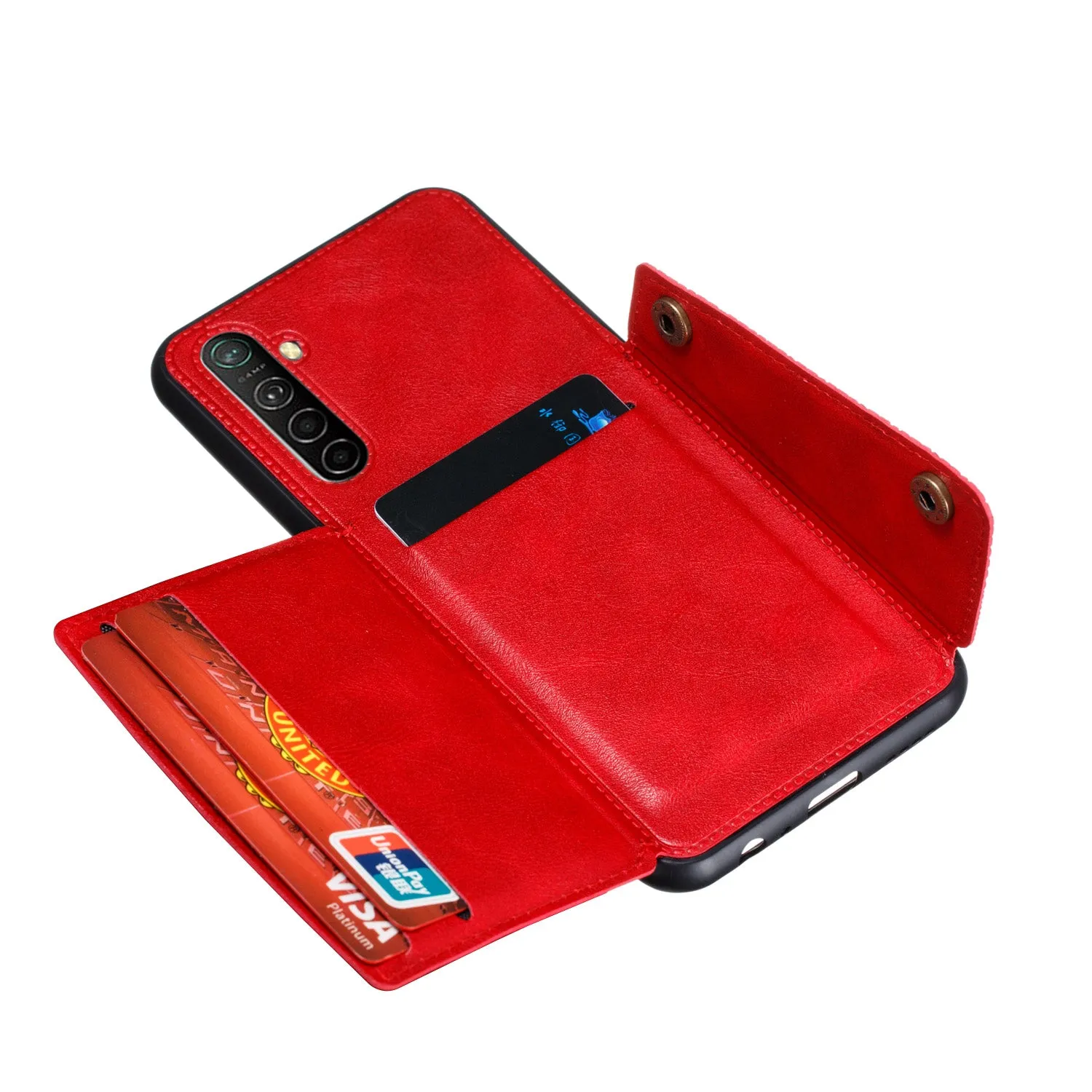 For OPPO A9 2020/Realme XT/Reno 2 Mobile Phone Shell Classic Textured Pattern Buckle Closure Design Anti-fall Smartphone Case  red
