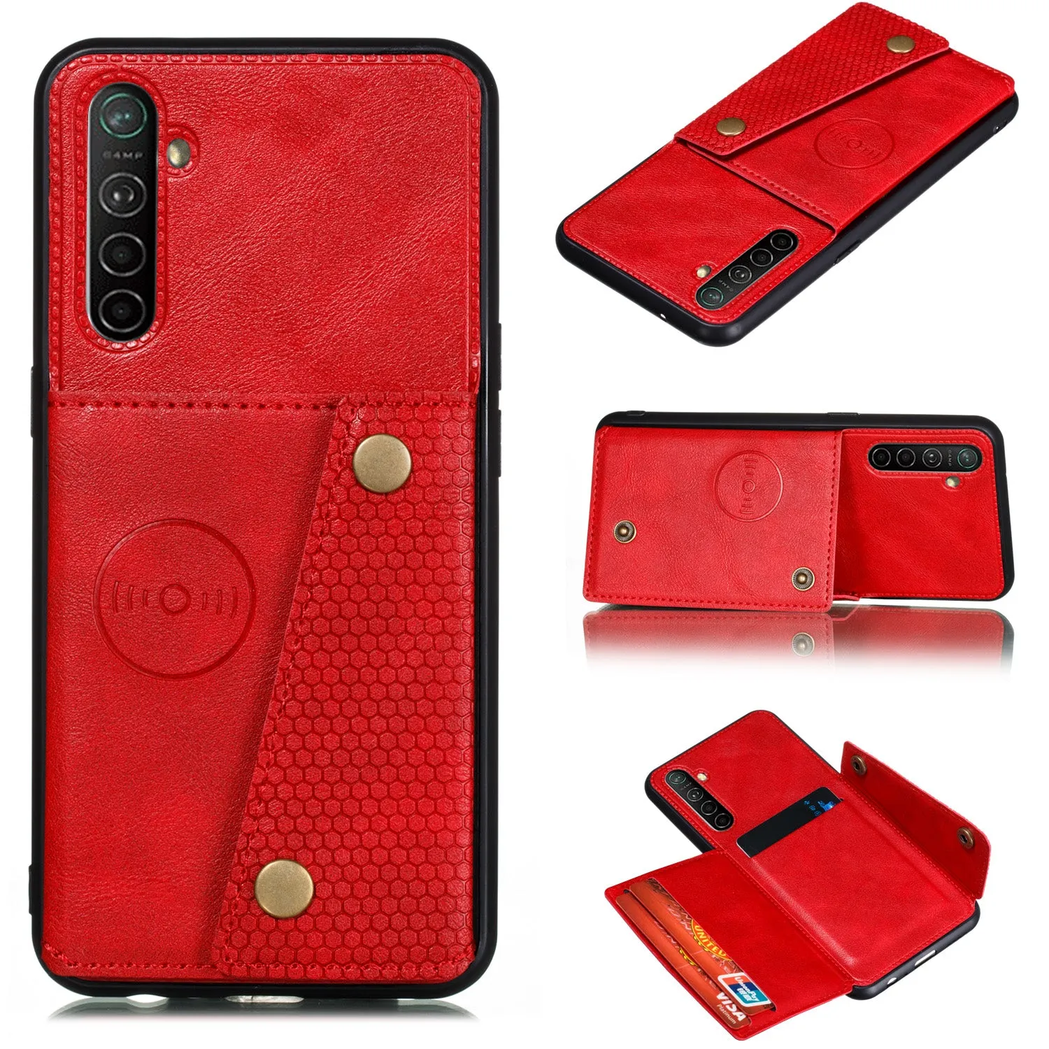 For OPPO A9 2020/Realme XT/Reno 2 Mobile Phone Shell Classic Textured Pattern Buckle Closure Design Anti-fall Smartphone Case  red