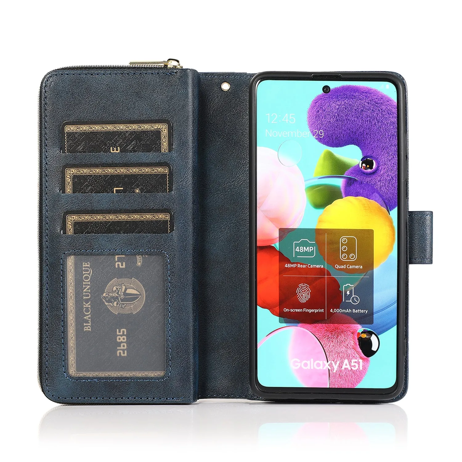 For Samsung A01/A21/A31/A41/A51 Pu Leather  Mobile Phone Cover Zipper Card Bag   Wrist Strap blue