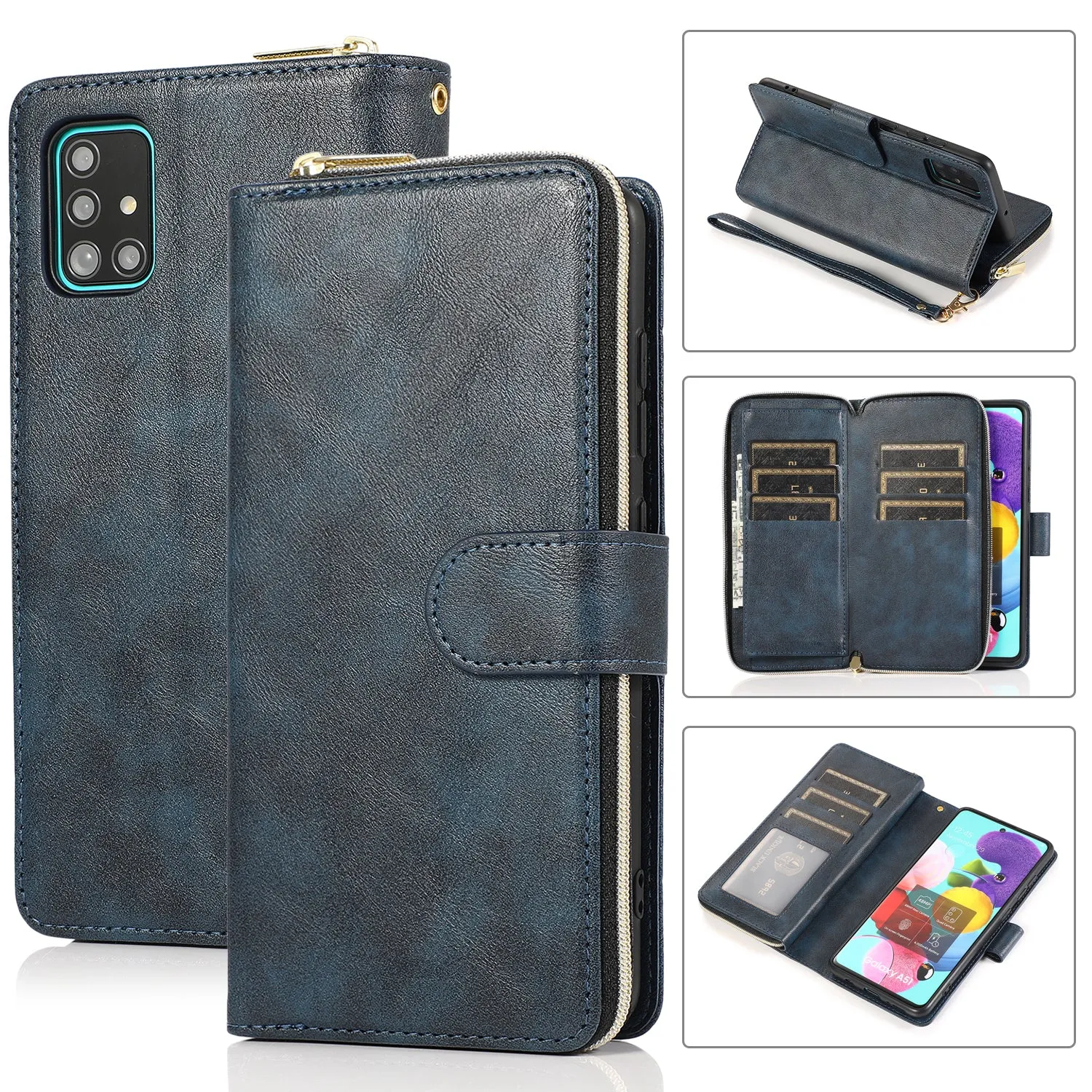 For Samsung A01/A21/A31/A41/A51 Pu Leather  Mobile Phone Cover Zipper Card Bag   Wrist Strap blue