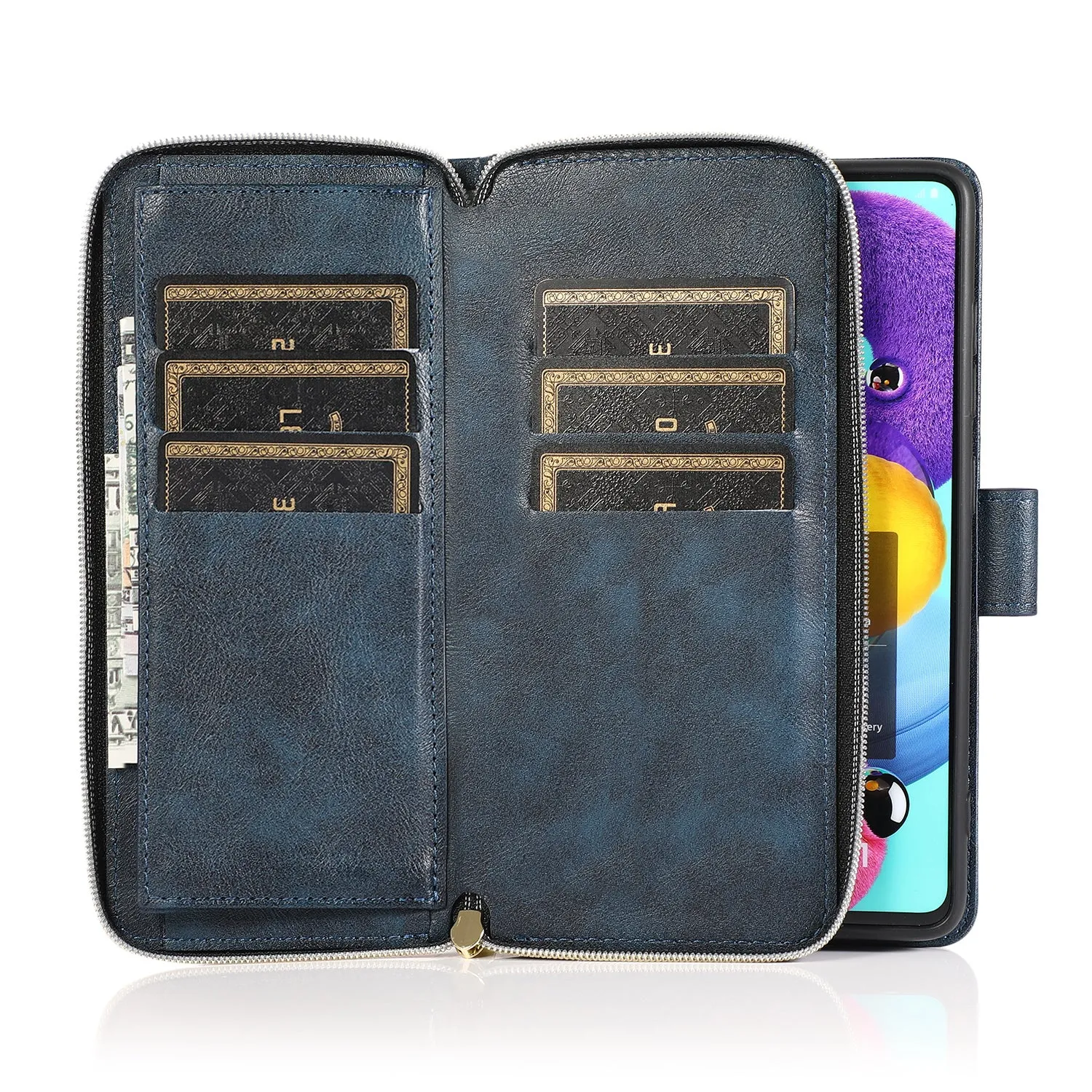 For Samsung A01/A21/A31/A41/A51 Pu Leather  Mobile Phone Cover Zipper Card Bag   Wrist Strap blue